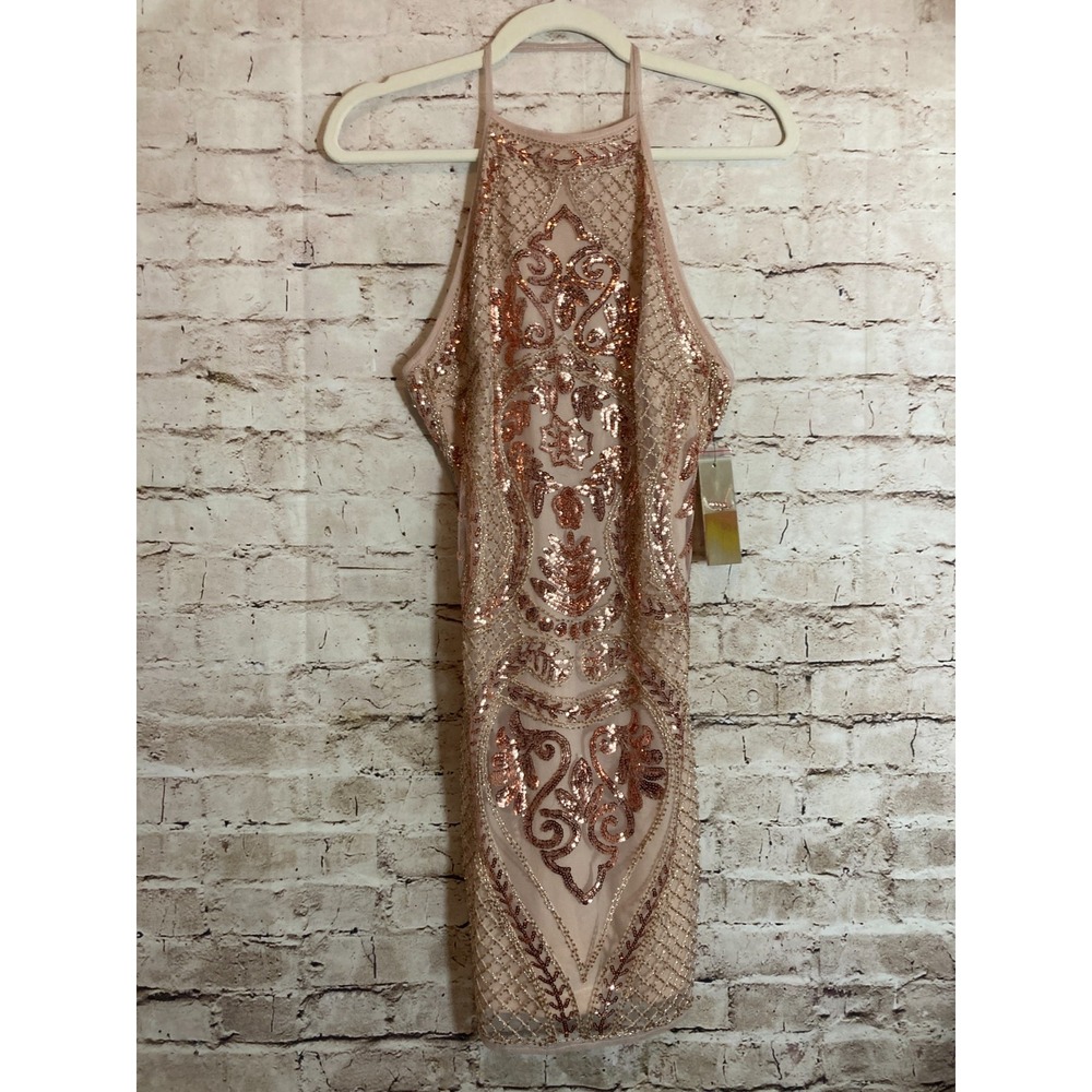NEW Verty Cocktail Dress Womens Small Champagne Rose Gold Beaded Halter Party